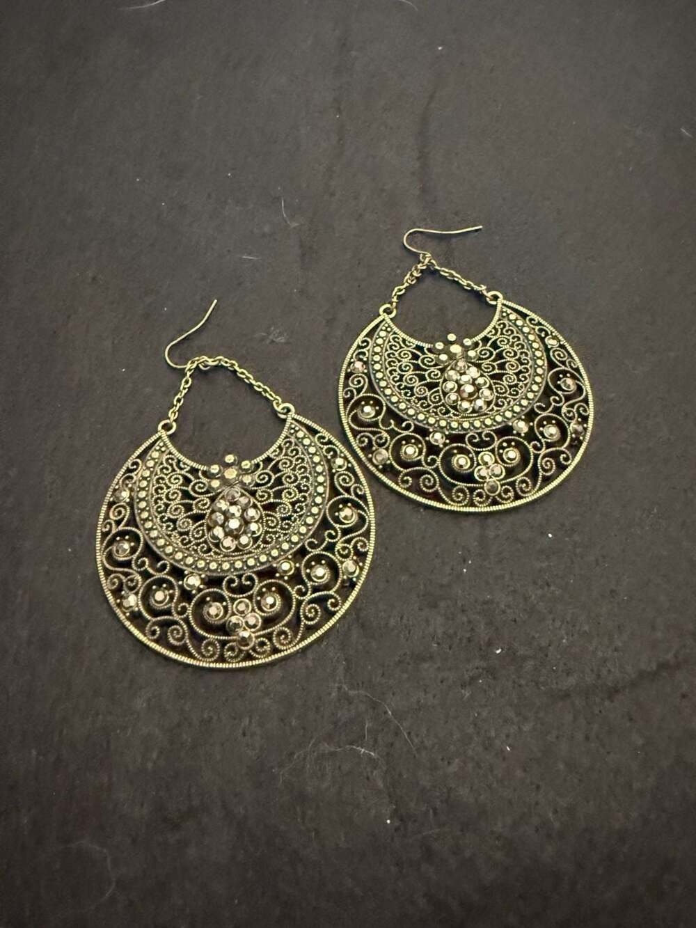 Vintage Filigree Half Moon Dangle Earrings in Antique Gold with Rhinestones